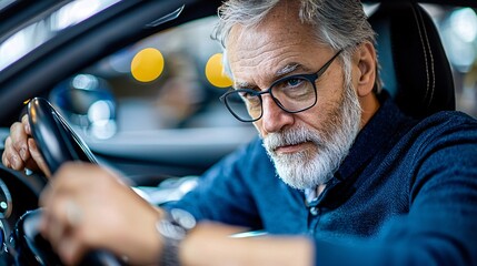 Poster - An elderly driver discussing concerns about road navigation with a patient and understanding instructor Stock Photo with side copy space
