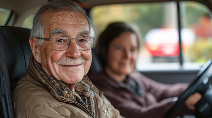 Poster - A senior practicing driving in a car with dual controls under the guidance of an instructor Stock Photo with side copy space