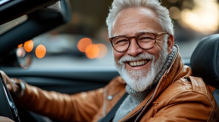 Poster - A senior practicing driving in a car with dual controls under the guidance of an instructor Stock Photo with side copy space
