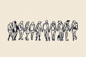 Poster - A line of diverse figures holding hands, symbolizing unity, friendship, and connection in a minimalist style.