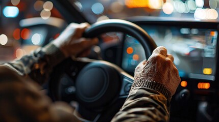 Poster - An elderly individual holding a steering wheel in a simulation training setup Stock Photo with side copy space