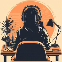Poster - A person working at a desk with headphones, surrounded by plants and stationery, suggesting a productive and cozy workspace.