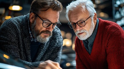 Poster - An instructor explaining the importance of blind spot awareness to an elderly student Stock Photo with side copy space