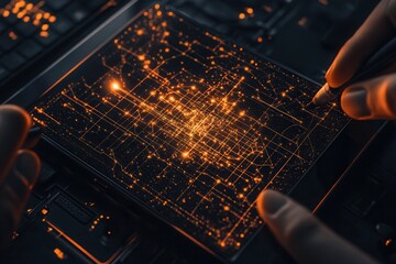 Poster - A close-up view of a glowing circuit board being examined, showcasing intricate patterns and lights, suggesting advanced technology and data processing.