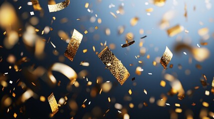 Poster - A festive New Year background featuring golden confetti falling against a sparkling dark gradient Stock Photo with side copy space