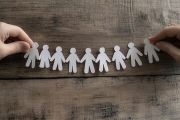 Poster - A pair of hands holds a chain of paper dolls, symbolizing unity and connection, against a rustic wooden background.