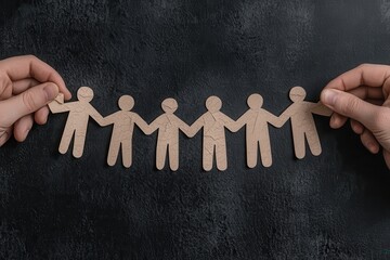 Poster - Hands holding a chain of paper cut-out people, symbolizing unity, community, and connection against a textured dark background.