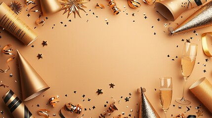 Poster - A cheerful New Year background with party hats, champagne glasses, and festive ribbons arranged around blank space Stock Photo with side copy space