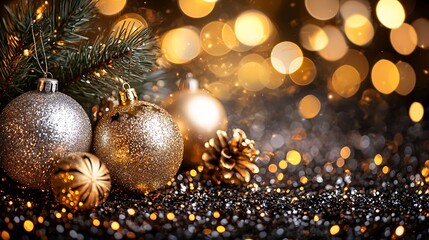 Poster - An elegant New Year background with a bokeh effect of gold and silver lights on a dark gradient Stock Photo with side copy space