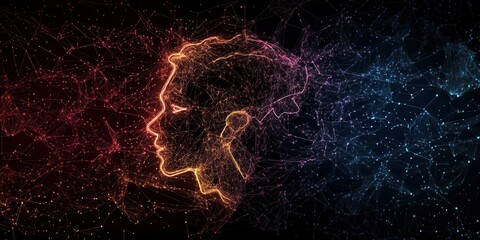 Aufkleber - A digital illustration of a human profile created using luminous particles, set against a dark background, symbolizing technology and creativity.