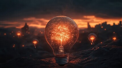 Poster - A glowing light bulb surrounded by a dramatic sunset, symbolizing inspiration and creativity in a mystical landscape.