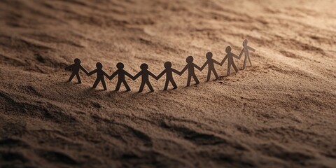 Poster - A line of paper cutouts holding hands on a textured surface, symbolizing unity and connection.