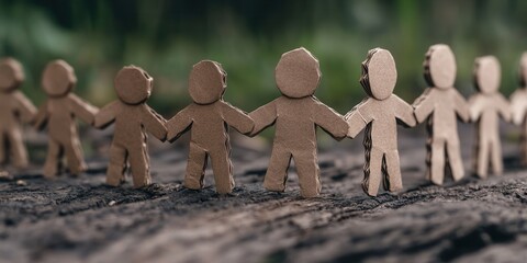 Poster - A row of cardboard cutout figures holding hands, symbolizing unity and togetherness in a natural setting.