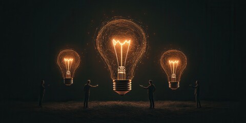 Poster - Three glowing light bulbs surrounded by silhouettes symbolize creativity and innovation in a dark setting.