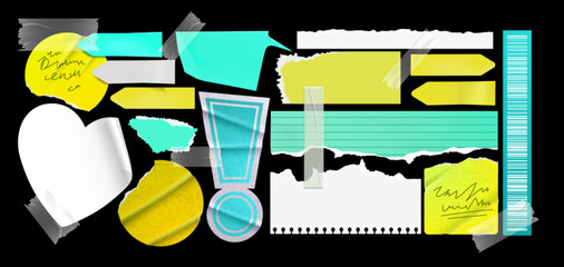 Poster - Torn paper edge vector. Tear scrap white page for banner. Newspaper sheet and yellow note label with shred border. Old blank card with grunge stroke and tape isolated. Abstract post template