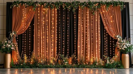 Poster - A luxurious New Year backdrop with shimmering curtains of golden glitter cascading down the frame Stock Photo with side copy space