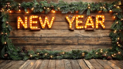 Poster - A celebratory New Year frame with garlands of evergreen branches, twinkling lights, and festive ornaments Stock Photo with side copy space