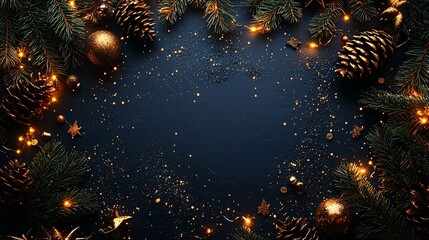 Poster - A celebratory New Year frame with garlands of evergreen branches, twinkling lights, and festive ornaments Stock Photo with side copy space