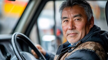 Poster - An elderly Asian participant confidently navigating a driving course designed for skill-building Stock Photo with side copy space