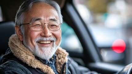 Poster - A driving school setup with elderly Asian participants learning car safety and maintenance basics Stock Photo with side copy space