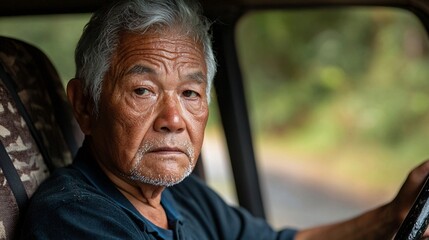 Poster - An elderly Asian driver practicing proper signaling techniques under the supervision of a skilled instructor Stock Photo with side copy space