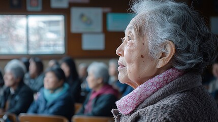 Poster - A classroom filled with educational materials and visual aids tailored for elderly Asian participants at a driving school Stock Photo with side copy space