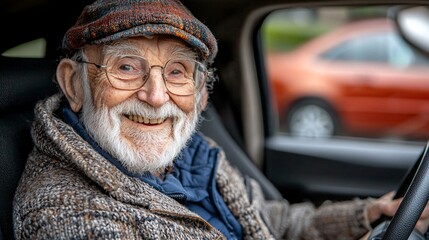 Poster - An elderly student learning to drive in an adaptive car with accessible controls and a supportive instructor Stock Photo with side copy space