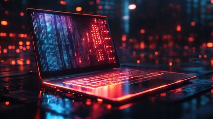 Poster - A laptop with glowing red and blue lights on a dark futuristic background.