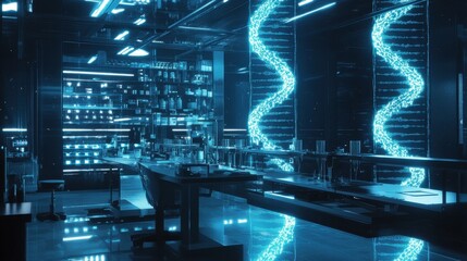 Poster - A futuristic laboratory featuring glowing DNA structures and advanced scientific equipment.