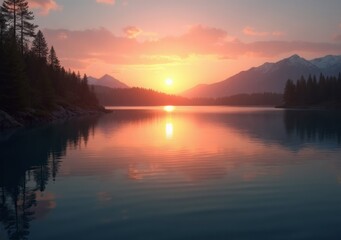 Wall Mural - Vibrant sunset reflecting on calm lake surrounded by mountains and trees