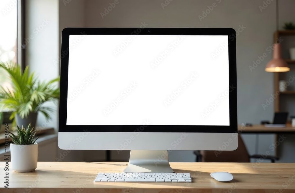 computer with blank white screen on desktop in office Stock Photo ...