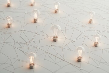 Aufkleber - A series of lit bulbs arranged on a light background, connected by intricate lines, suggesting a network or web of ideas.