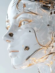 Poster - Artificial intelligence concept. Robot face, digital ai science machine background. Technology futuristic wireframe recent banner