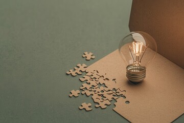 Poster - A glowing light bulb rests beside scattered puzzle pieces on a textured surface, creating a warm and creative atmosphere.