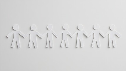 Poster - A series of white paper cutouts of human figures lined up against a plain background, symbolizing unity or teamwork.