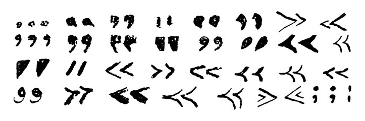 Poster - Set of quotation marks symbols. Black crayon handwritten text signs. Collection of icons for quoting statements, direct speech in speech bubble. Vector sketch or graffiti style of punctuation marks
