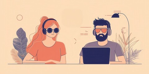 Poster - A digital illustration of a man and woman wearing headphones, seated at a desk with a laptop, surrounded by plants, in a warm, minimalistic environment.