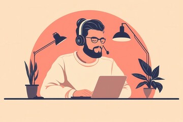 Poster - A focused man with headphones works on a laptop, surrounded by plants and lamps, in a cozy, modern workspace.