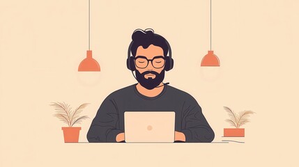 Poster - A focused man with glasses and headphones works on a laptop in a cozy environment decorated with plants and warm lighting.