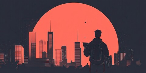 Aufkleber - A silhouette of a person gazes at a vibrant sunset over a city skyline, evoking feelings of wonder and exploration.