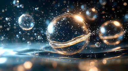 Poster - The image depicts shimmering bubbles floating in water, illuminated by soft light, creating a serene and enchanting atmosphere