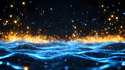 Poster - A vibrant, abstract representation of shimmering blue waves illuminated by golden sparkles against a dark background