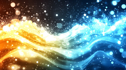Poster - A vibrant abstract background featuring flowing waves of orange and blue with a bokeh effect, creating a dynamic and energetic visual