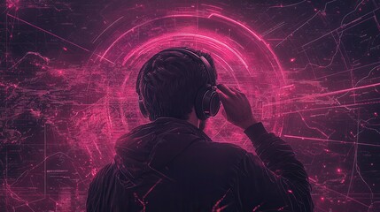 Poster - A silhouette of a person wearing headphones, surrounded by vibrant pink digital elements, evoking a sense of immersive technology and virtual reality.