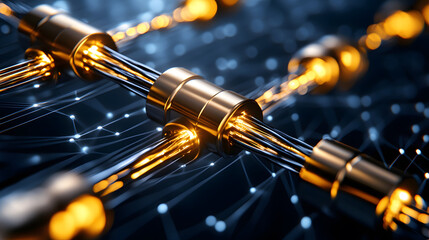 Poster - A close-up of interconnected golden wires against a dark, digital background, showcasing a network of technology and innovation