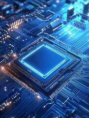 Poster - Creative 5G chip hologram on blue background. Internet speed and communication concept. 3D Rendering