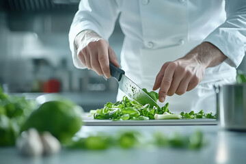 Wall Mural - a skilled male chef chops fresh greens in a stylish kitchen, crafting culinary art with precision