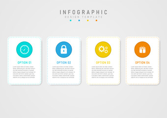 Wall Mural - Business options infographic template White square with multi-colored dotted outline. The multi-colored circle top has an icon in the middle, the bottom has text on a gray gradient background.