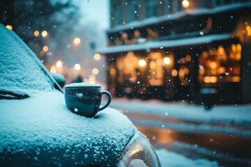 A warm cup of coffee sits on a snowy car hood during a cozy winter night near a glowing caf?.