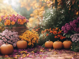 Wall Mural - Pumpkins and flowers in a garden